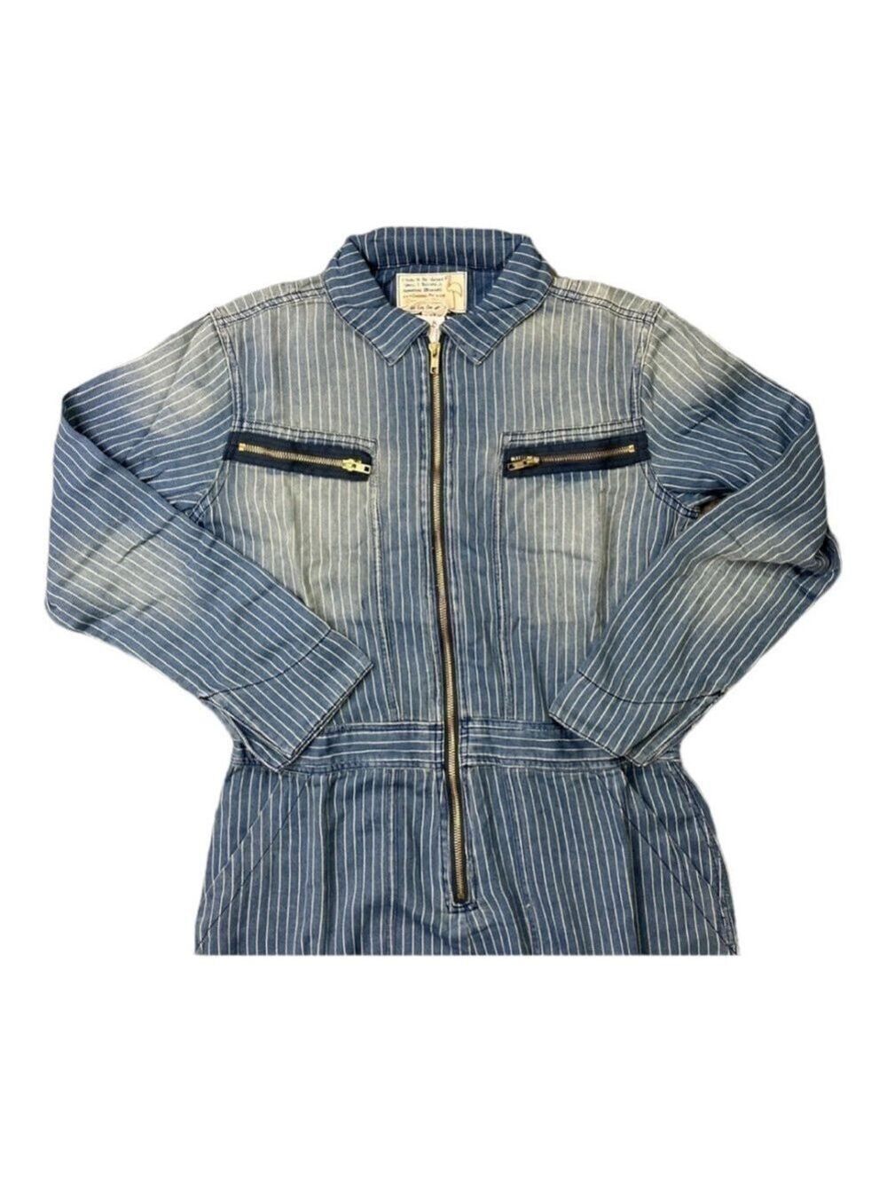 Free People x Sandrine Rose Women  Indigo Striped  Denim Jumpsuit Long - Picture 10 of 13